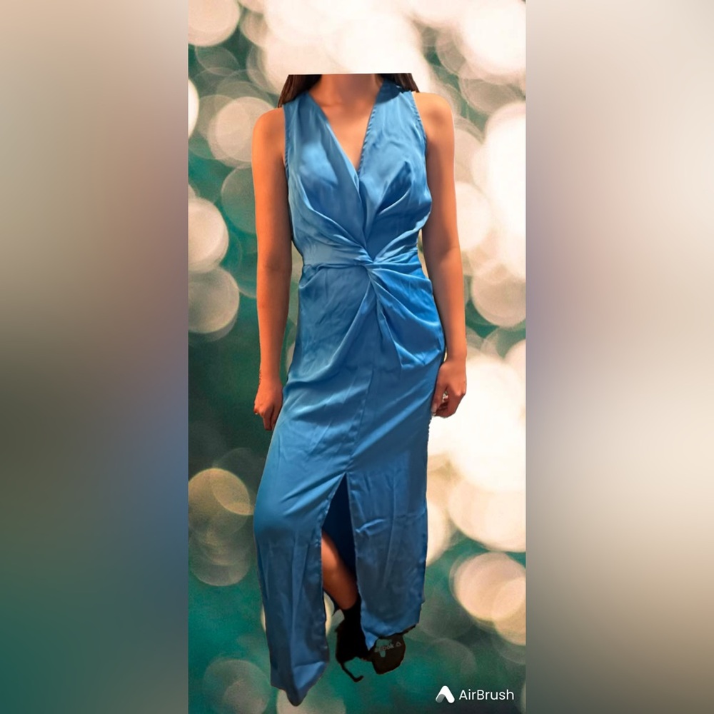 Elegant Blue Satin V-Neck Dress